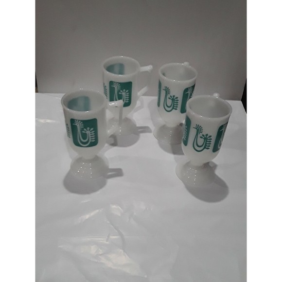 Vintage Rooster MugsMilk Glass Turquoise Aqua Danish MCM Pedestal Mug Set of 4